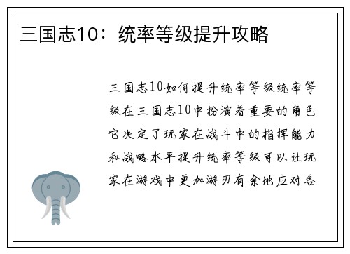 三国志10：统率等级提升攻略