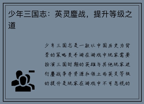 少年三国志：英灵鏖战，提升等级之道
